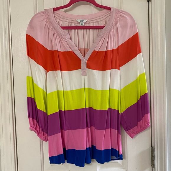 CROWN & IVY • Striped Bright Colorful Rainbow Bright Blouse Top - Picture 3 of 6